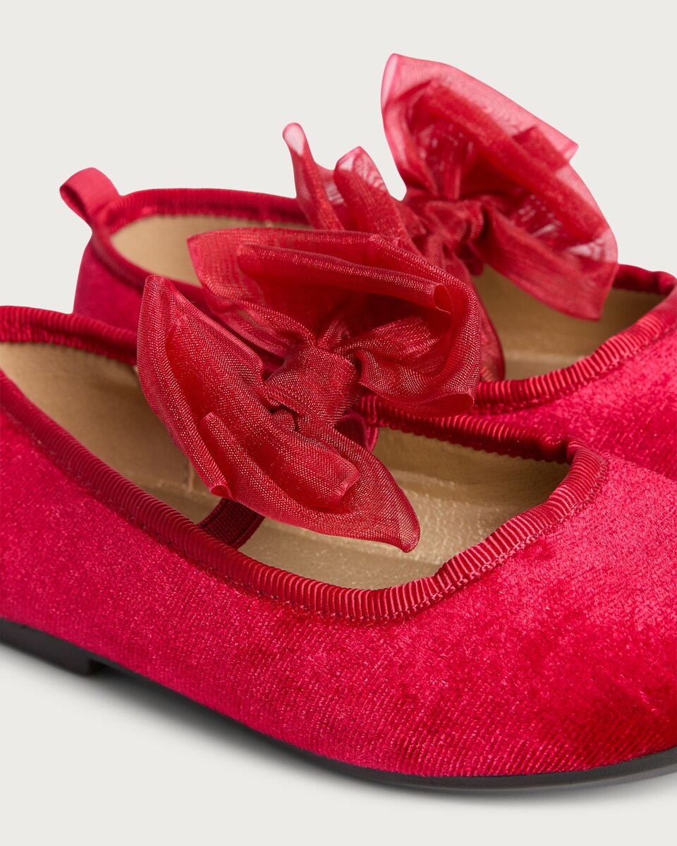 image 1 of F&F Girls Velvet Bow Detail Ballet Shoes in Red