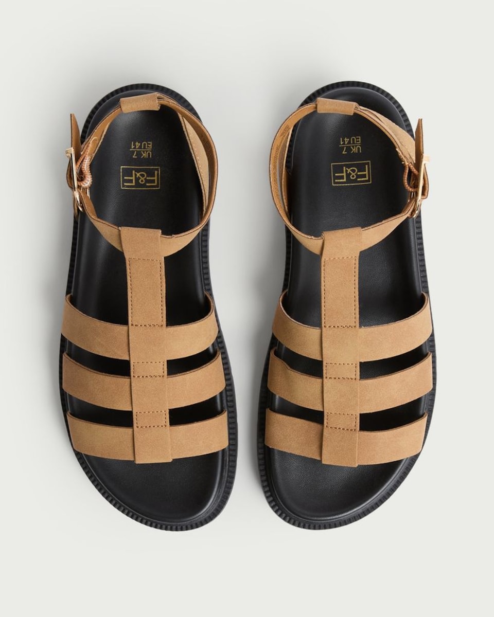image 1 of F&F Strappy Buckle Gladiator Sandals in Neutral