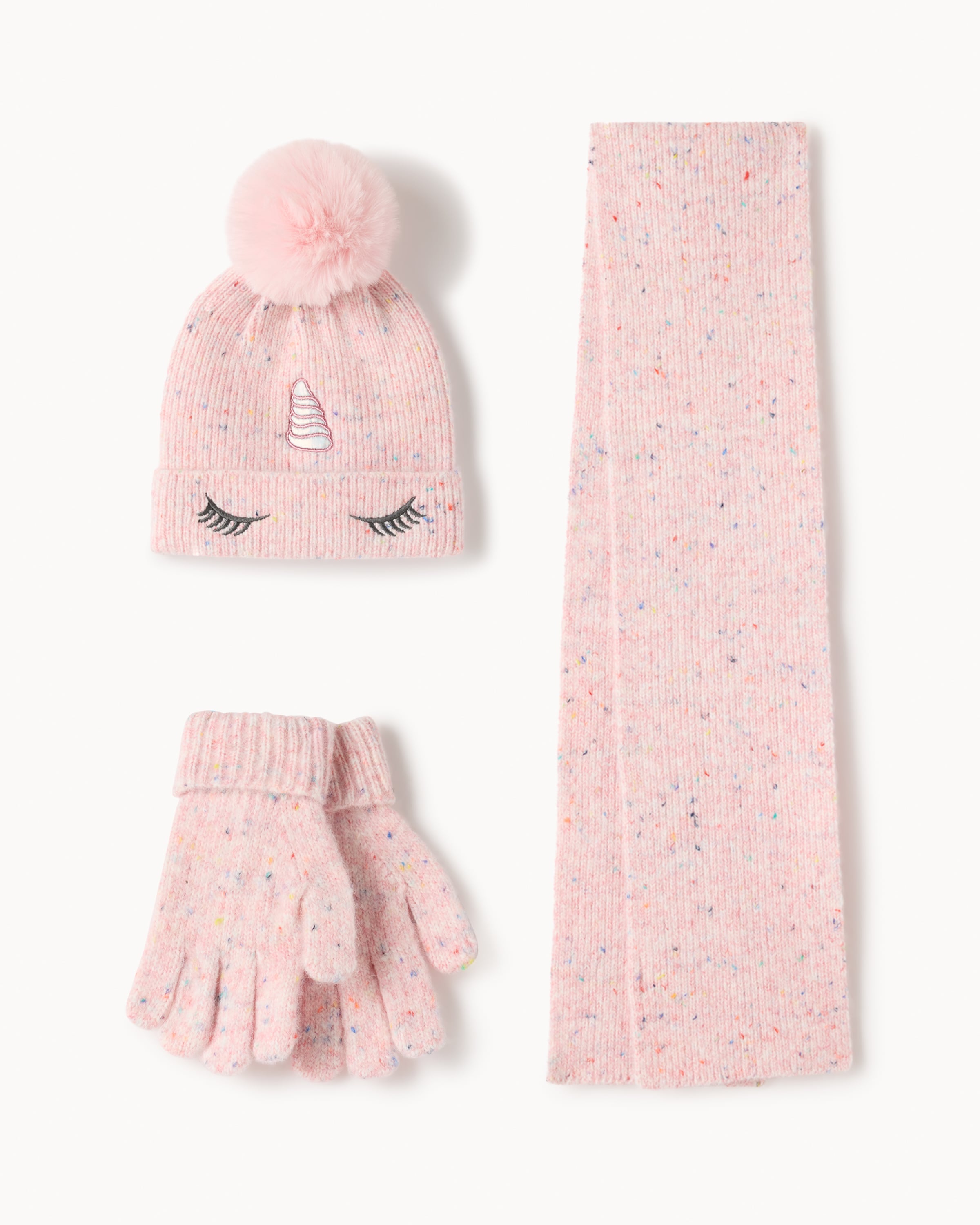 F&F Girls Knitted Unicorn Hat, Scarf and Gloves Set in Pink, 7-10 Years