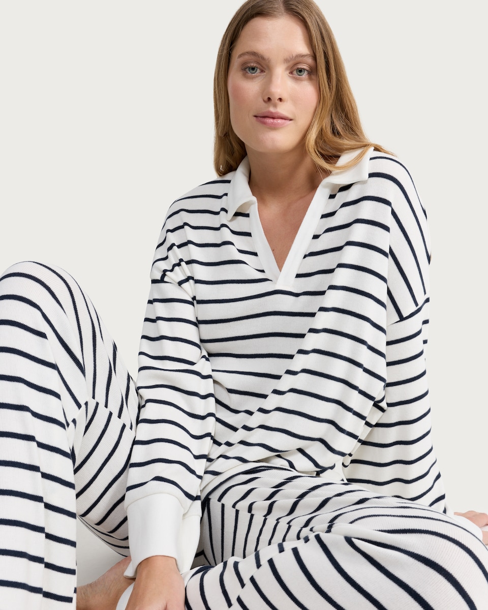 image 1 of F&F Stripe Print Rugby Shirt and Bottoms Pyjama Set in Cream