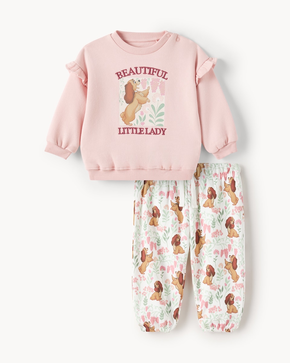 image 1 of Disney Lady & The Tramp Cotton Rich Sweatshirt and Trousers Set in Pink