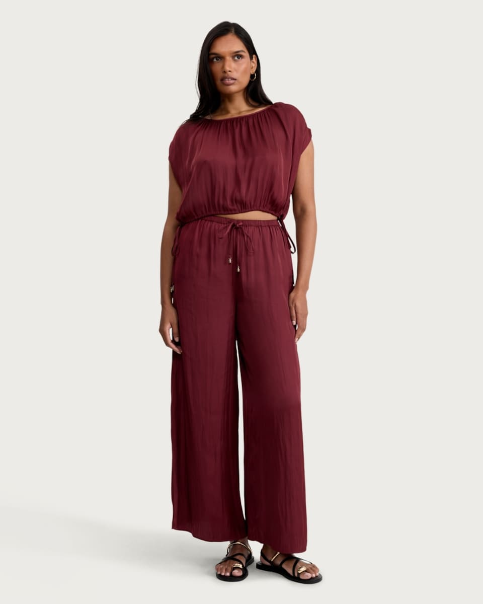 image 1 of F&F Satin Drawstring Co-ord Trousers in Burgundy
