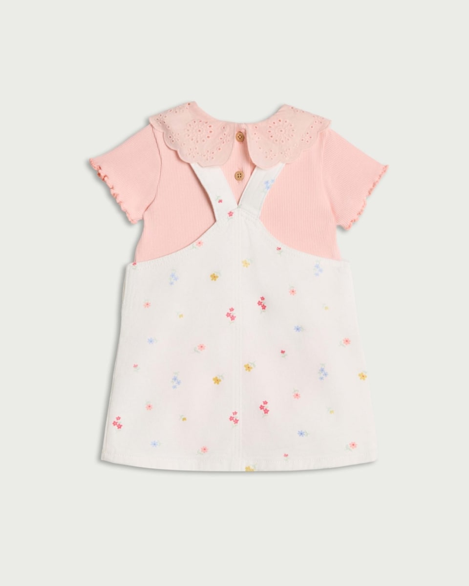 image 1 of F&F Baby 2-Piece Pure Cotton Floral Pinafore and Bodysuit Set in Cream
