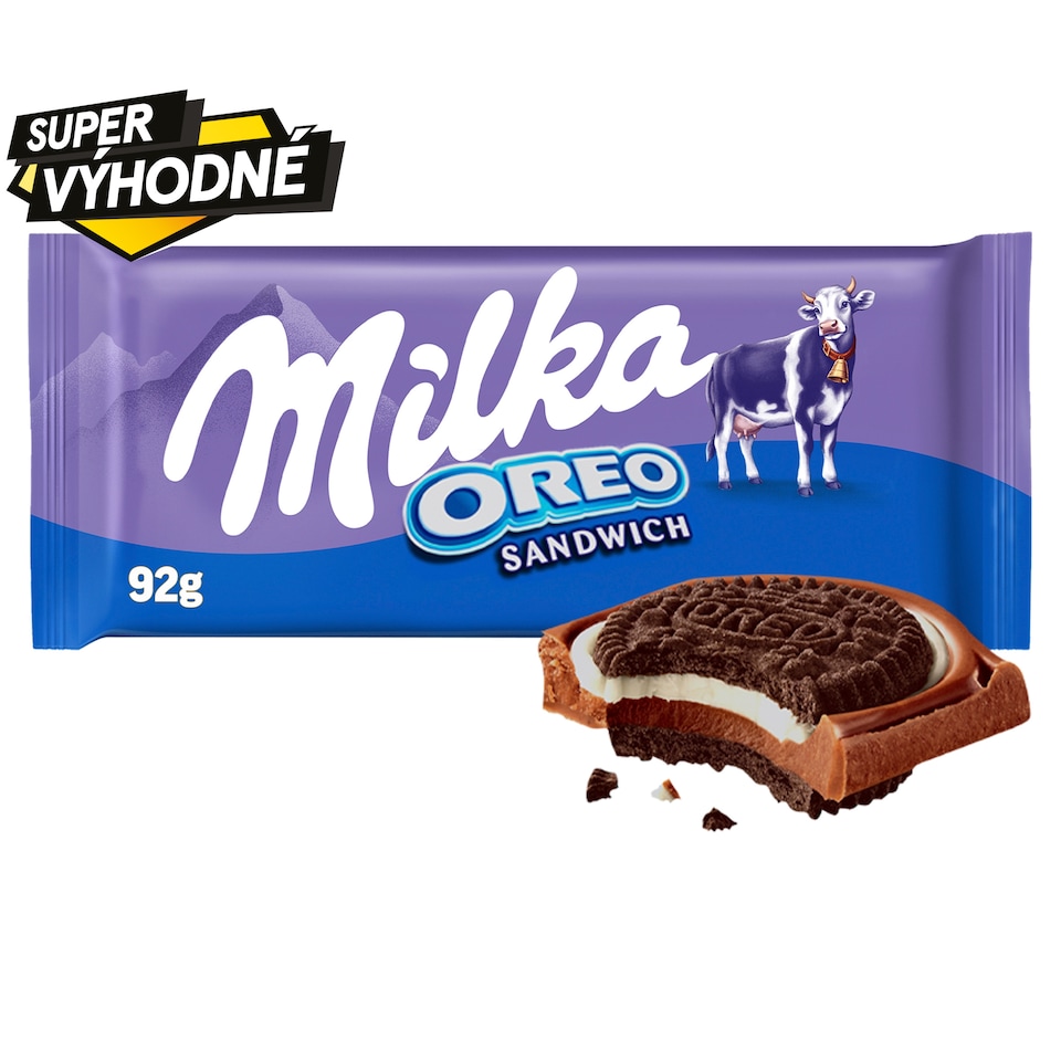 Obrázek 1 pro produkt Milka Oreo Sandwich mléčná čokoláda z alpského mléka s kakaovými sušenkami a mléčnou náplní 92 g