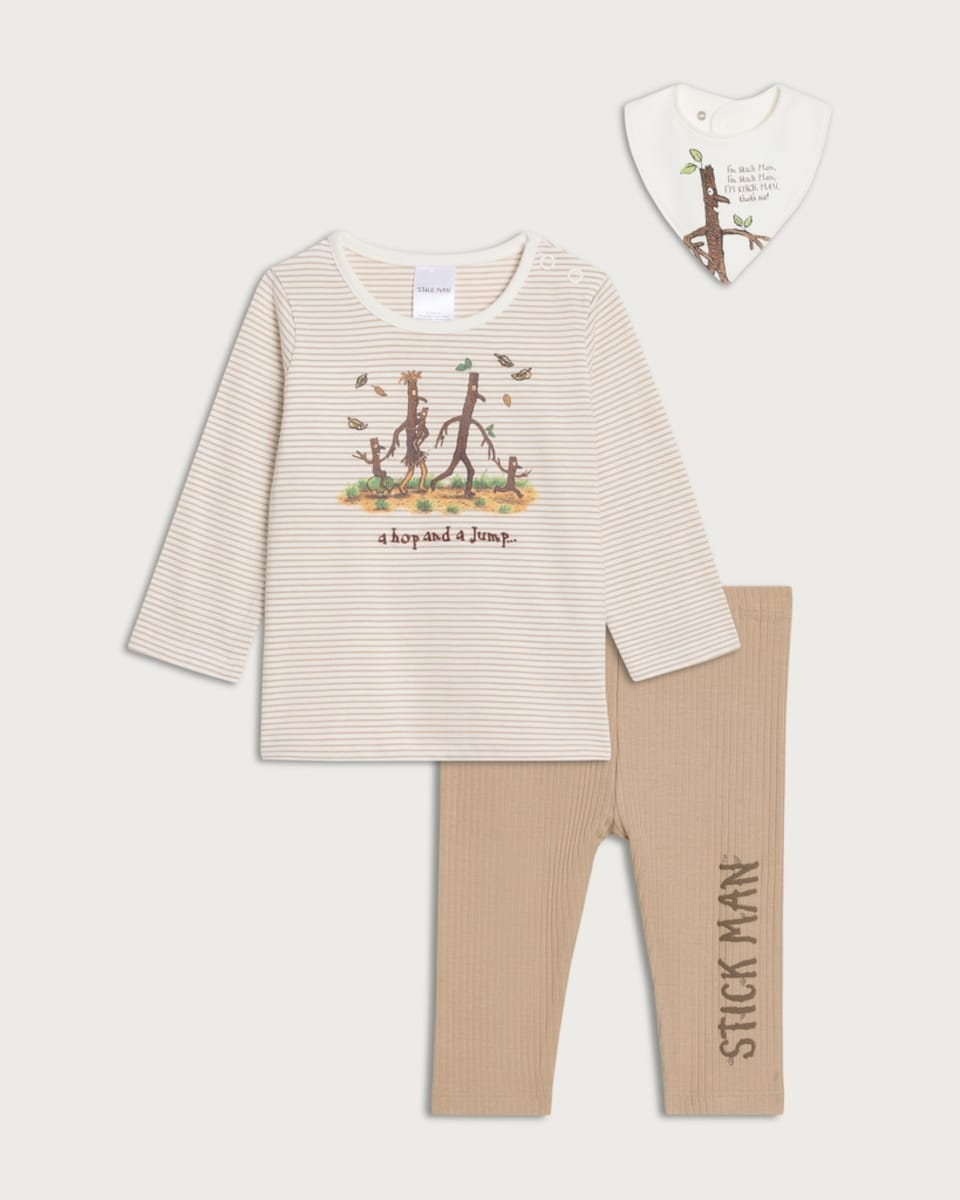 Stick Man 3-Piece Pure Cotton Top, Leggings and Bib in White