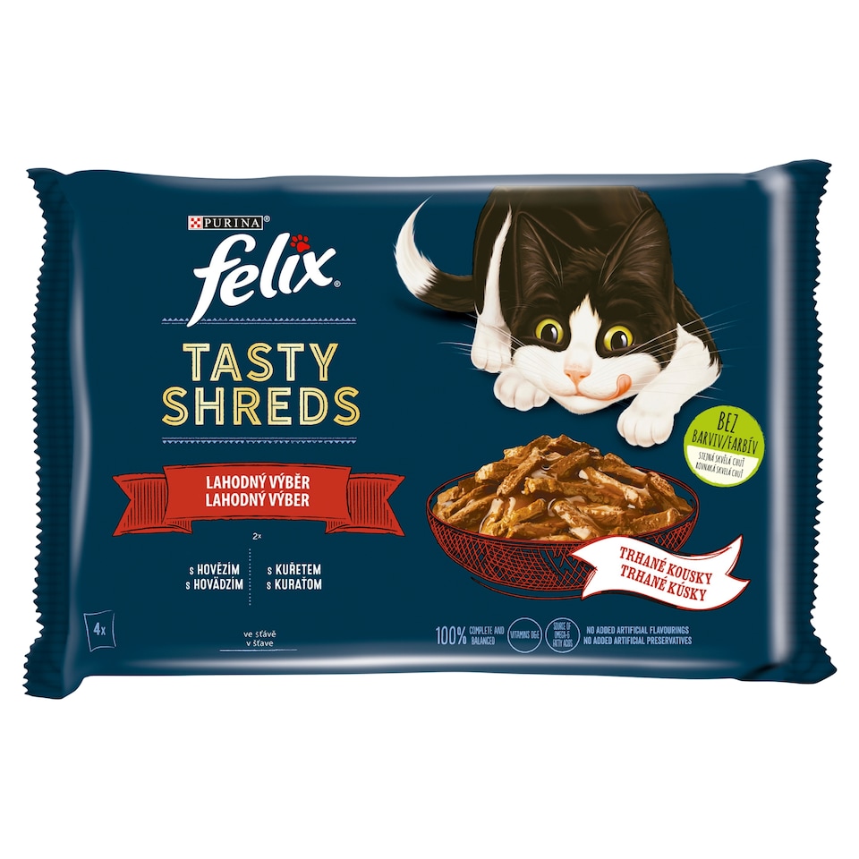 image 1 of Felix Tasty Shreds Cat Pouches Beef, Chicken in Juice 4 x 80g