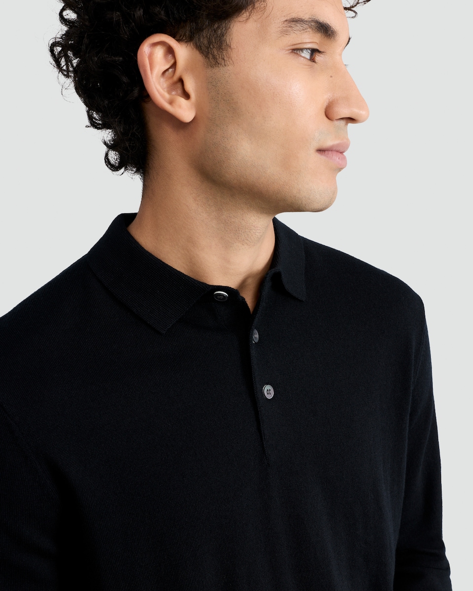 image 1 of F&F Pure Merino Wool Long Sleeved Polo Shirt in Black