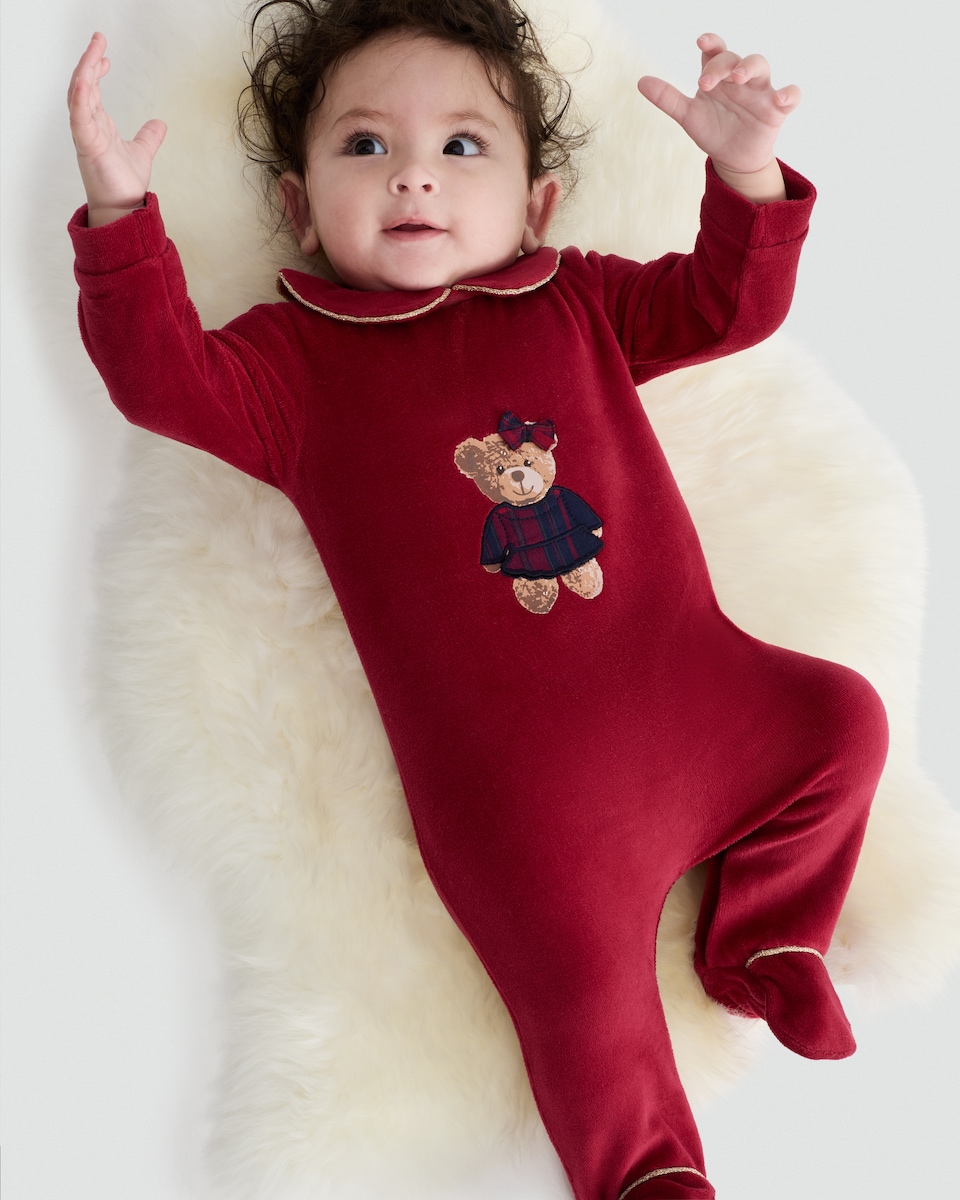 image 1 of F&F Baby Velour Teddy Bear Sleepsuit in Red
