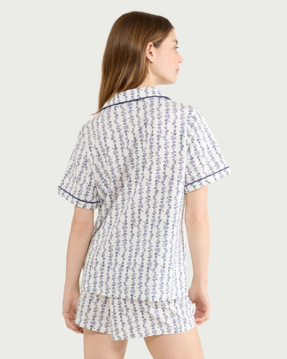 image 1 of F&F Pure Cotton Floral Print Revere Short Pyjama Set in Multi Blue