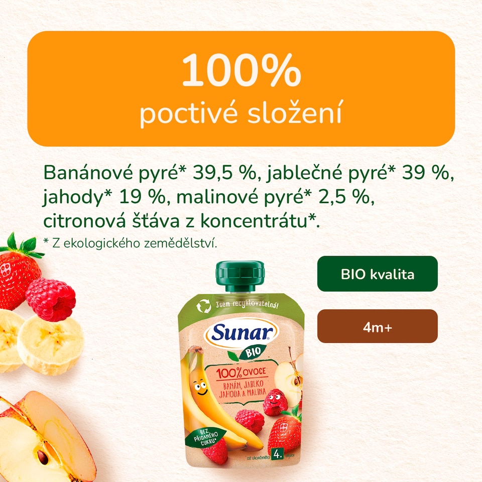 obrázok 1 z Sunar BIO ovocná kapsička Banán, jablko, jahoda, malina 4m+, 100 g