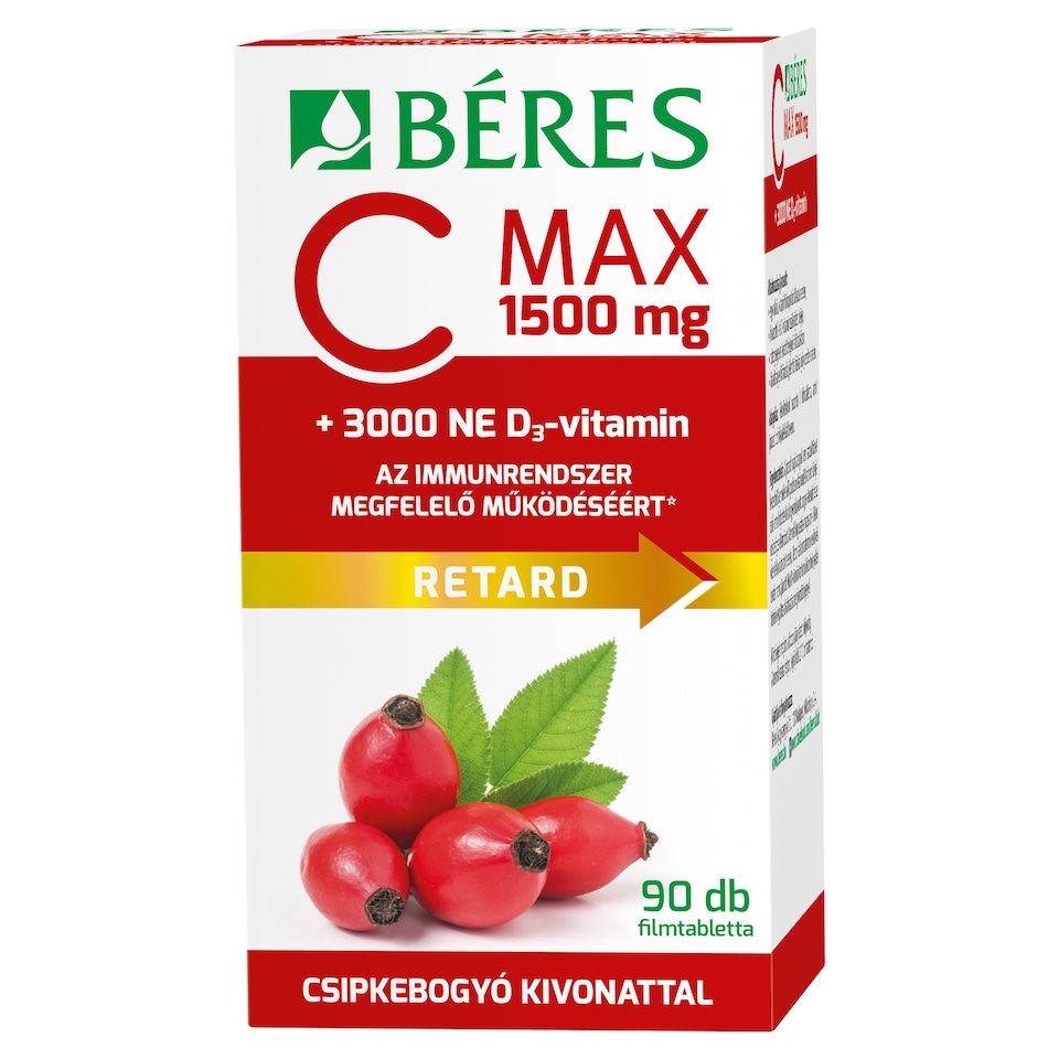 Béres C MAX 1500 mg RETARD filmtabletta csipkebogyó kivonattal + 3000 NE D₃-vitamin 90 db 179 g  1. kép
