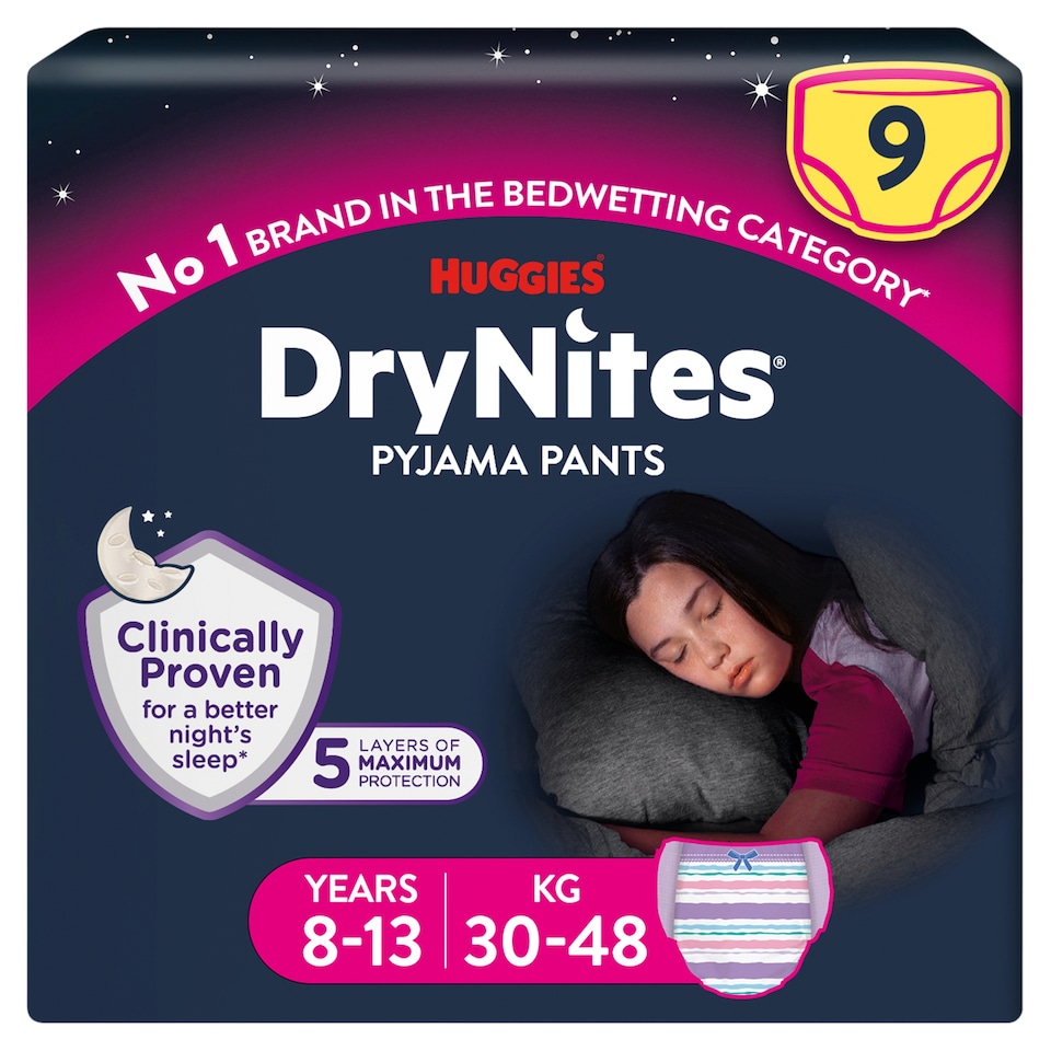 image 1 of Huggies DryNites Bedwetting Pyjama Nappy Pants Girl 8-13Yr x 9
