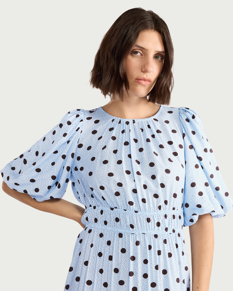 image 1 of F&F Shirred Polka Dot Midi Dress in Blue