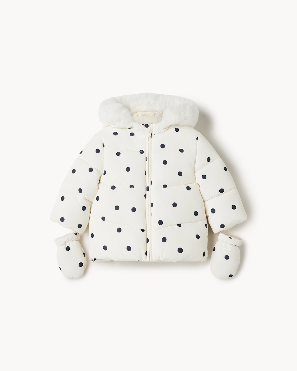 image 1 of F&F Baby Polka Dot Puffer Jacket with Mittens in Cream