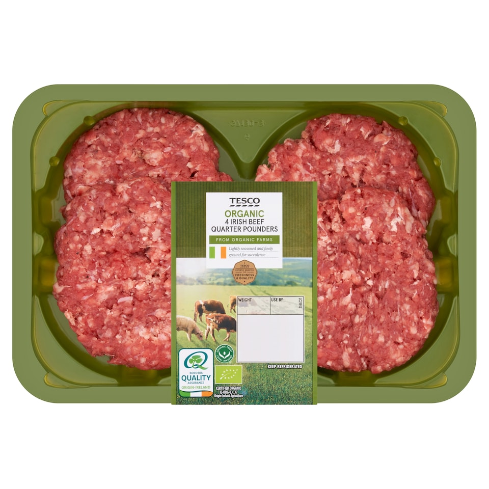 Tesco Organic 4 Irish Beef Quarter Pounders 454G