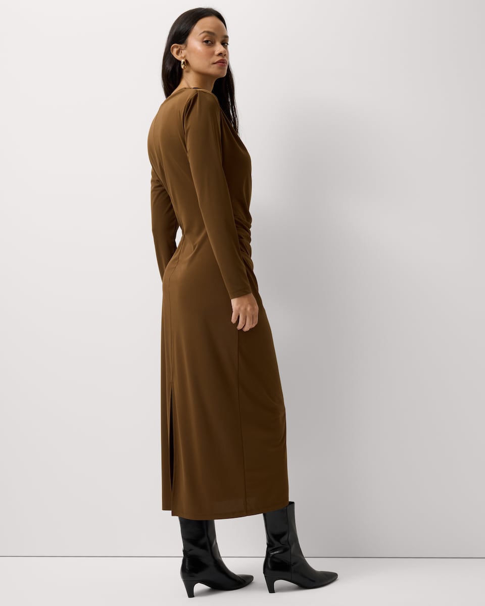 image 1 of F&F Cowl Neck Long Sleeved Midi Dress in Camel
