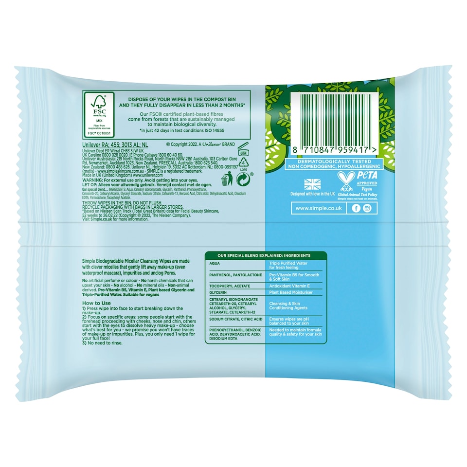 image 1 of Simple Hydrating Cleanser Facial Wipes 20 Wipes