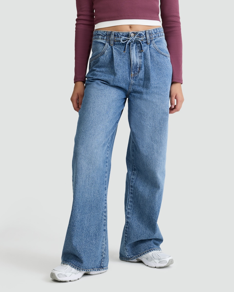 image 1 of OH ME OH MY Wide Leg Tie Waist Jeans in Blue
