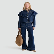 F&F Pure Cotton Denim Ruffled Shirt in Navy