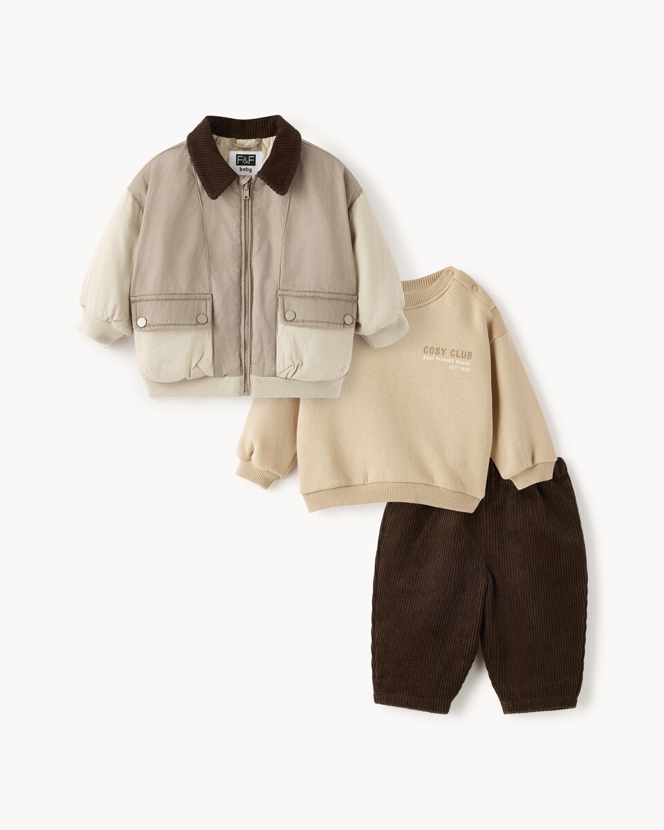 image 1 of F&F Baby Cotton Rich Jacket, Jumper and Trousers Set in Neutral
