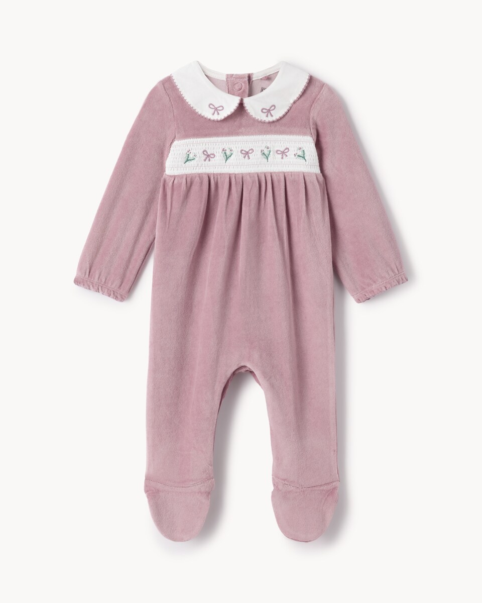 image 1 of F&F Baby Cotton Rich Embroidered Sleepsuit in Pink