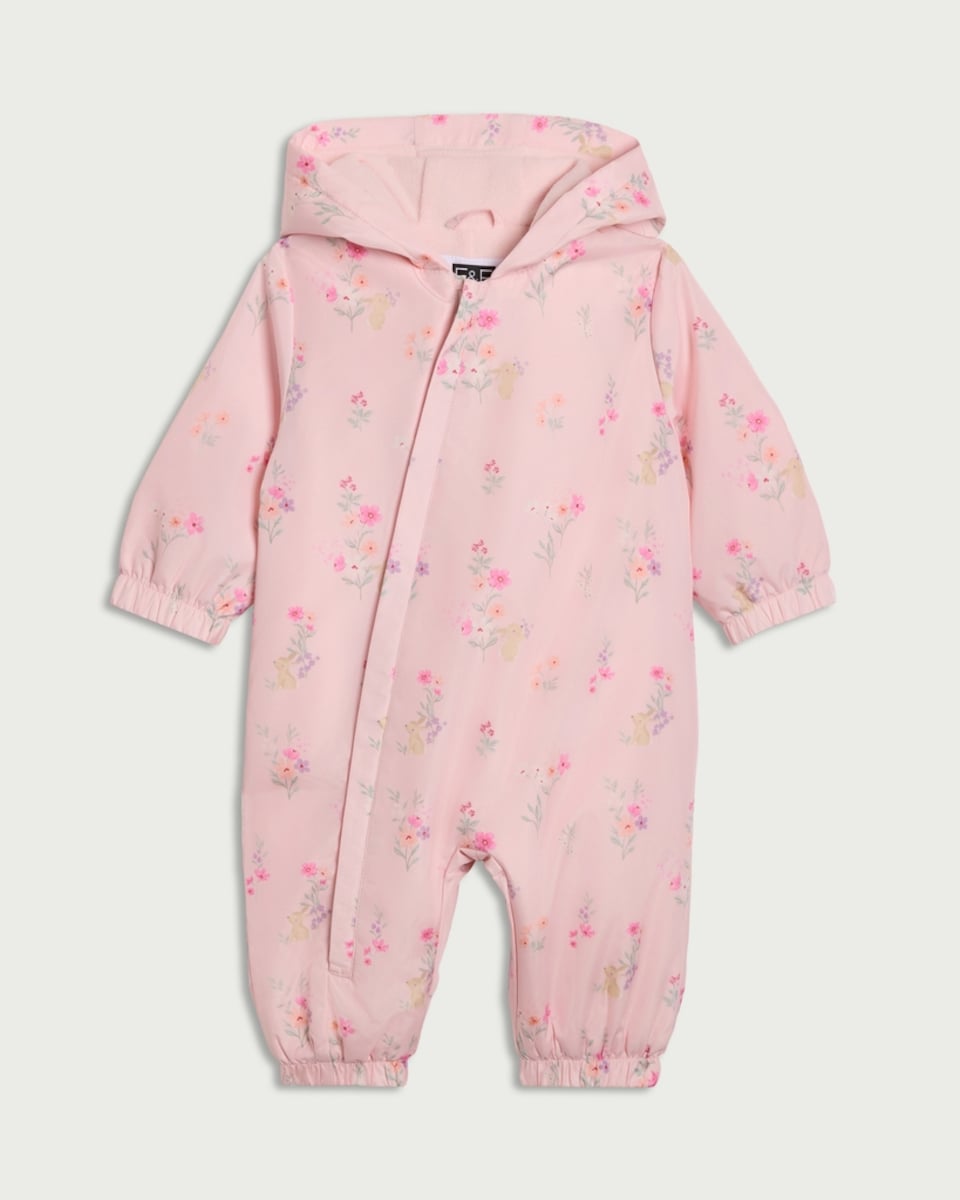 image 1 of F&F Baby Floral Print Shower Resistant Puddlesuit in Pink