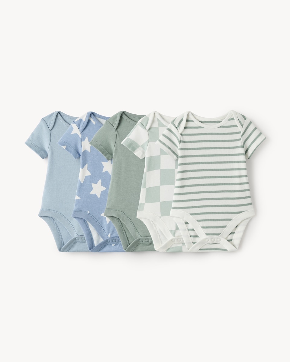 image 1 of F&F 5-Pack Pure Cotton Printed Short Sleeved Bodysuits in Blue