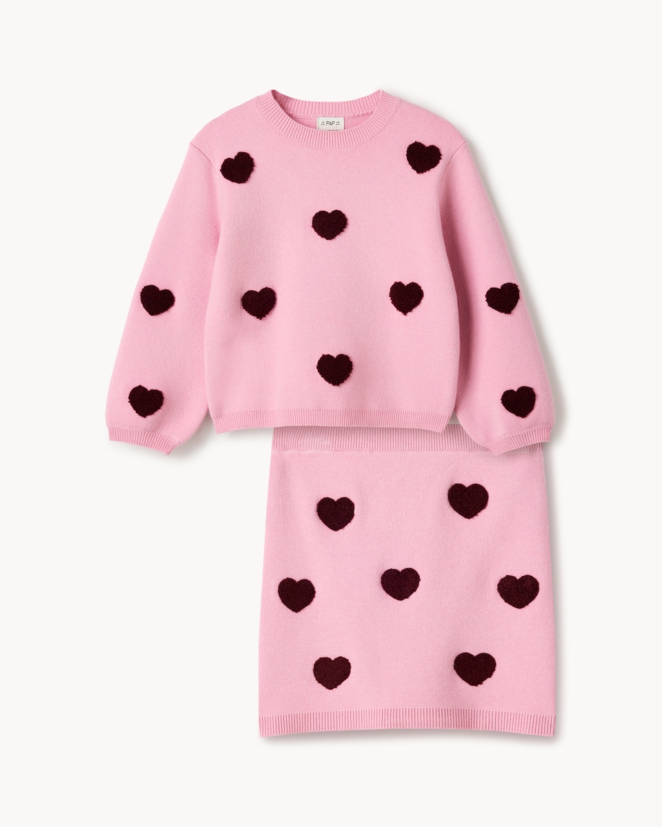 image 1 of F&F Girls Knitted Heart Jumper and Skirt Set in Pink