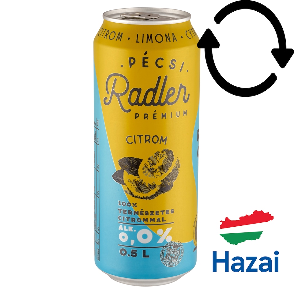 Pécsi Radler Prémium Citrom alkoholmentes világos sör & citrom ízű szénsavas üdítőital 0,0% 0,5 l