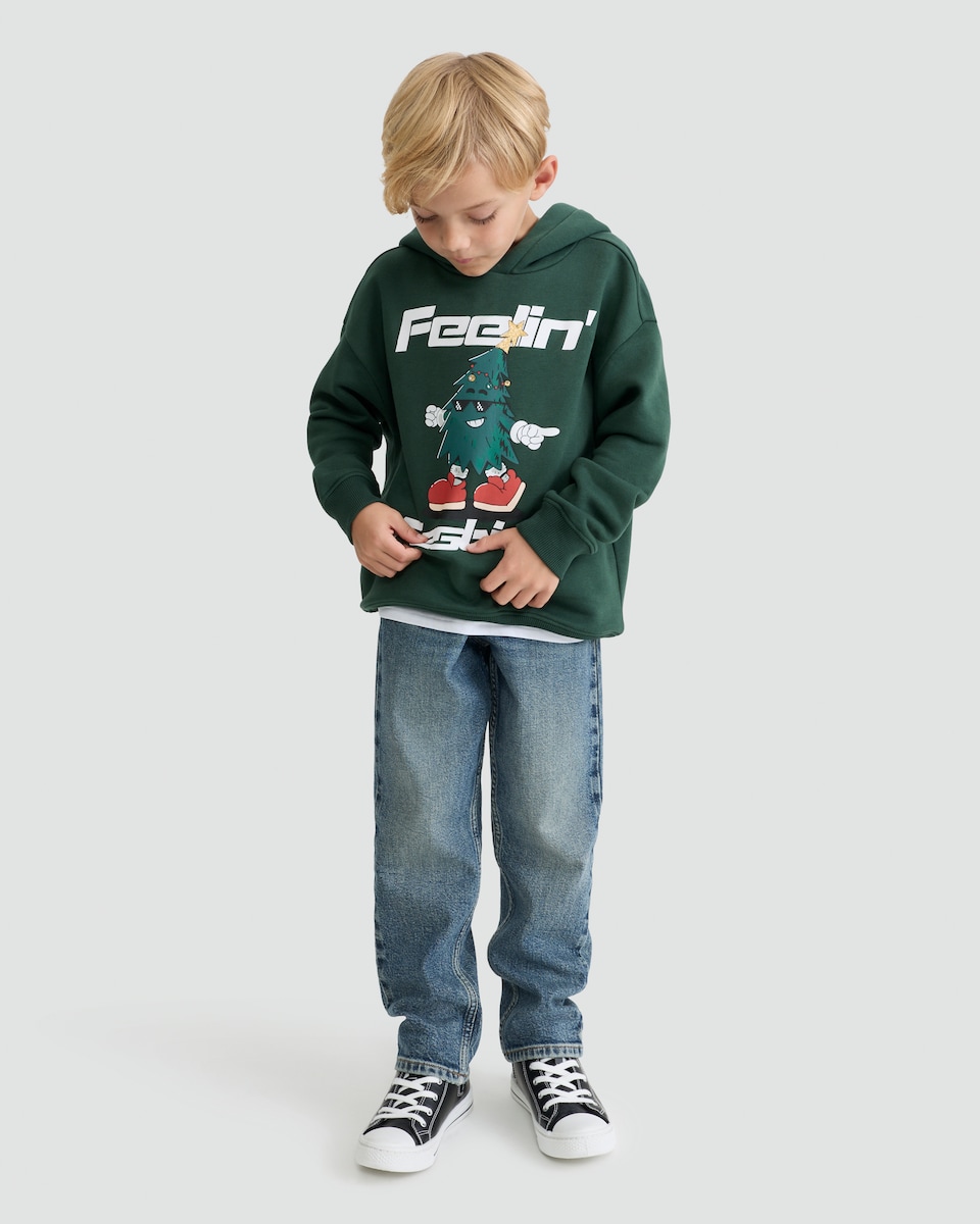 image 1 of F&F Boys Cotton Rich Feelin' Festive Christmas Hoodie in Green