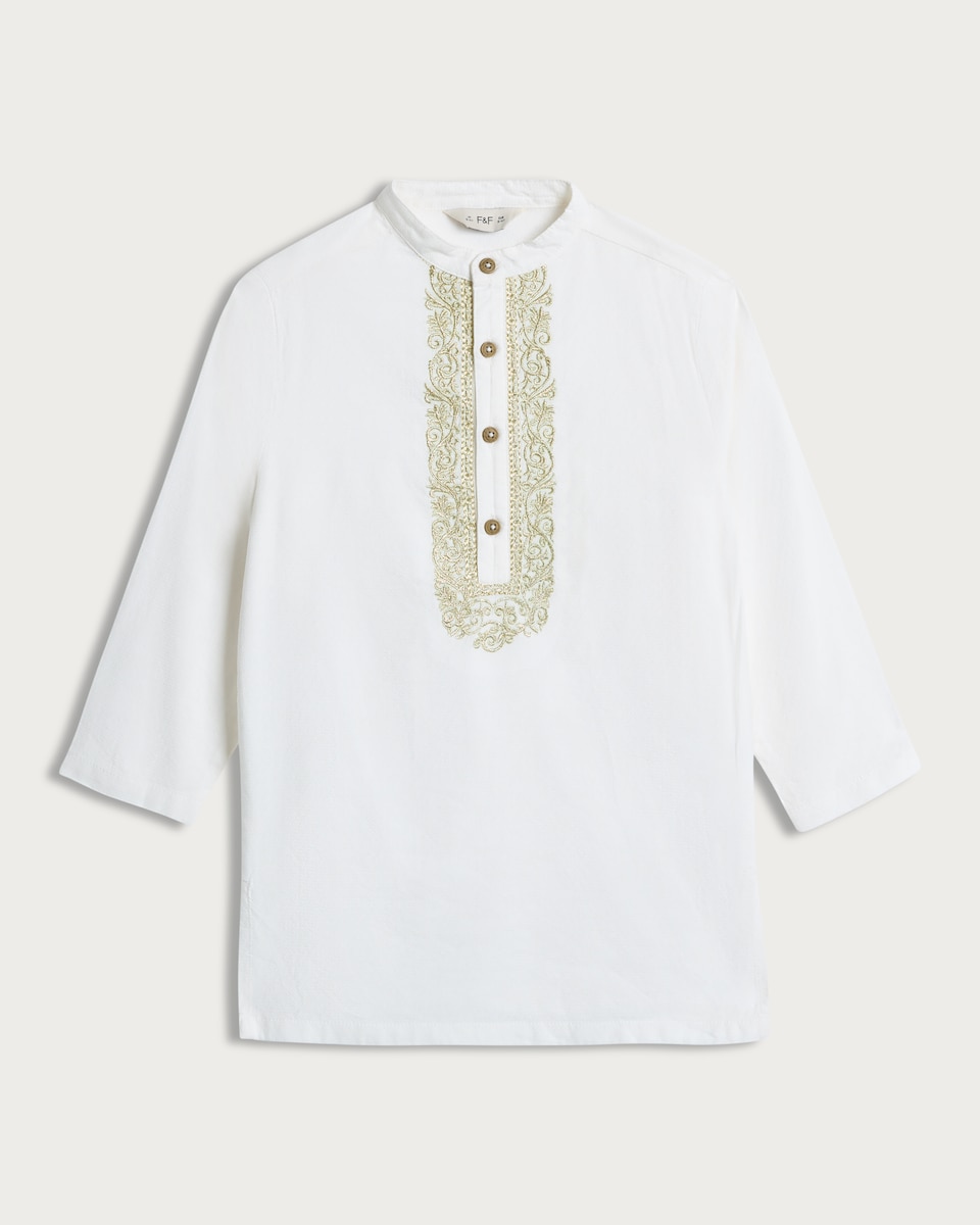 image 1 of F&F Boys Cotton Blend Embroidered Kurta in Cream