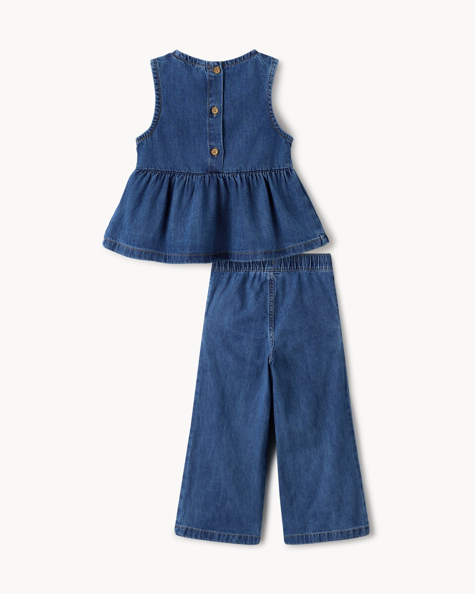 image 1 of F&F Girls Pure Cotton Embroidered Vest and Trousers Set in Blue