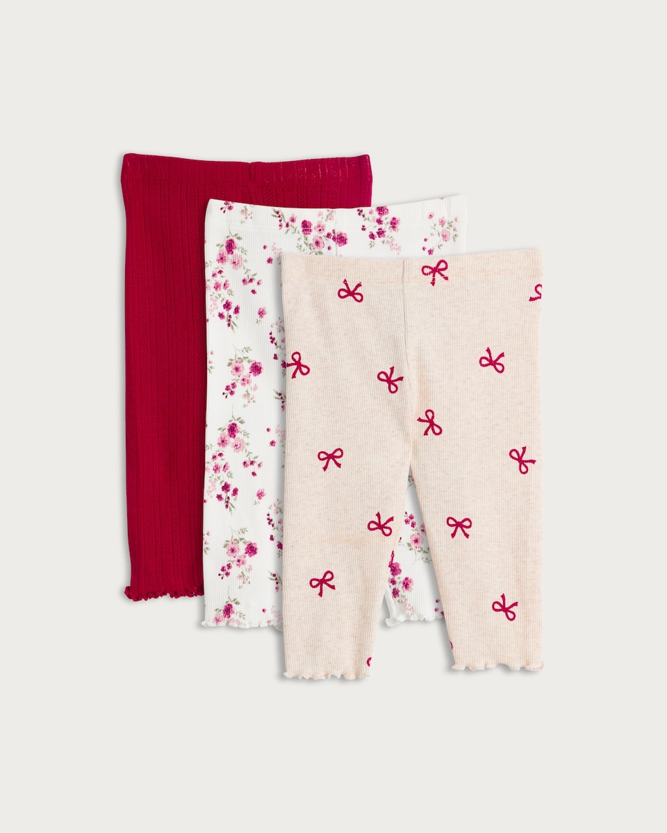 image 1 of F&F Baby 3-Pack Cotton Rich Floral and Bow Print Leggings in Red