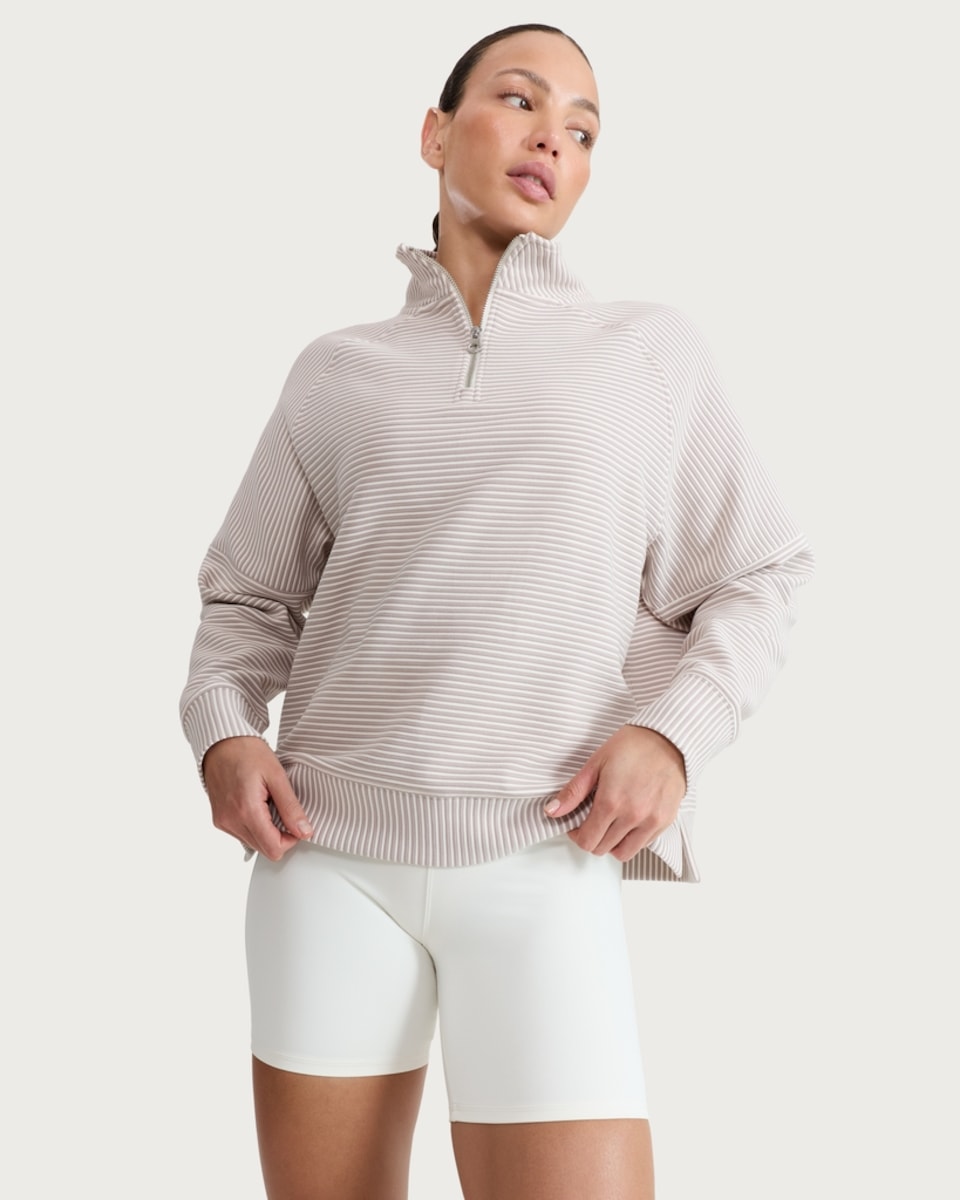 image 1 of F&F Active AFTERCLASS Textured Striped Half Zip Sweatshirt in Neutral