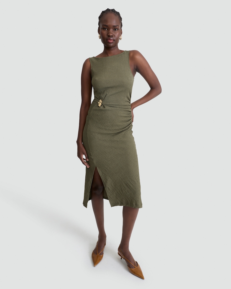 image 1 of F&F Crinkle Textured Gold Buckle Sleeveless Dress in Khaki
