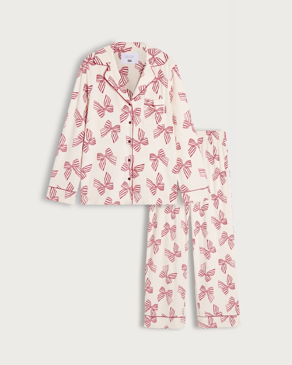 image 1 of F&F Fleece Bow Print Revere Pyjamas Set in Cream