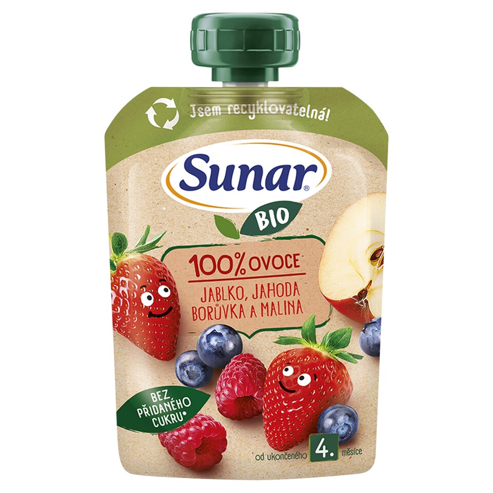obrázok 1 z Sunar BIO ovocná kapsička Jablko, jahoda, čučoriedka, malina 4m+, 100 g