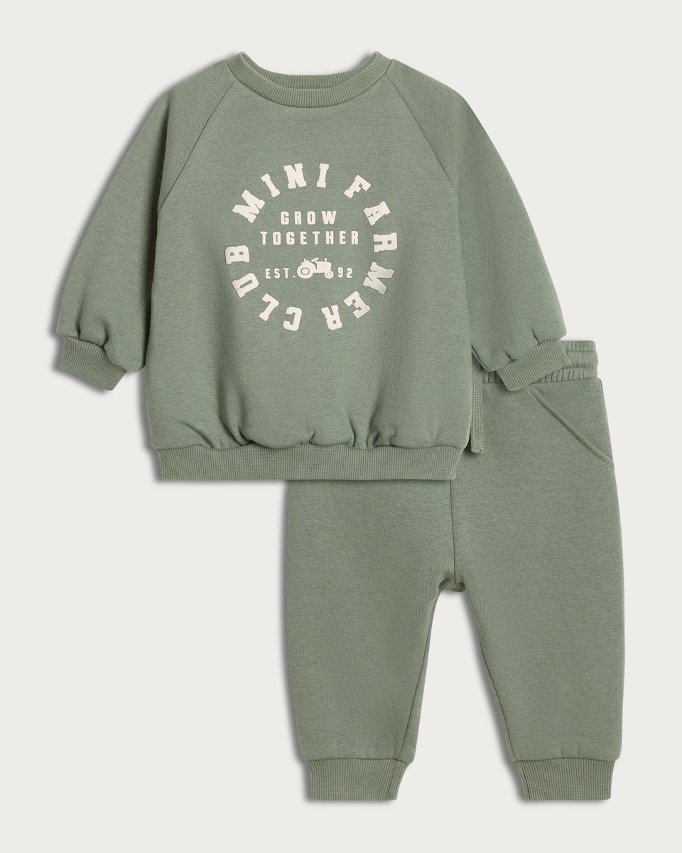 image 1 of F&F Baby 2-Piece Cotton Rich Farm Club Sweatshirt and Joggers Set in Green