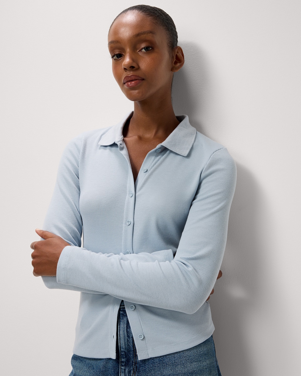 image 1 of F&F Ribbed Button Through Top in Blue