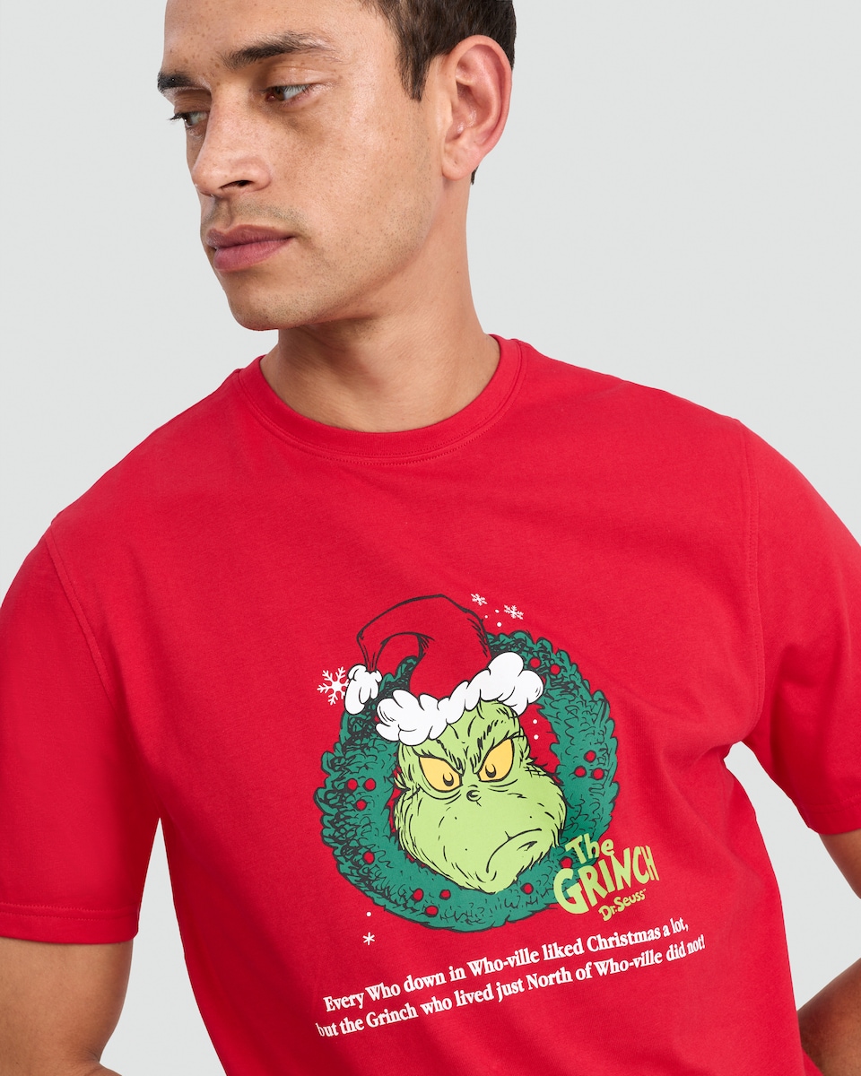 image 1 of The Grinch Pure Cotton Christmas Quote T-Shirt in Red