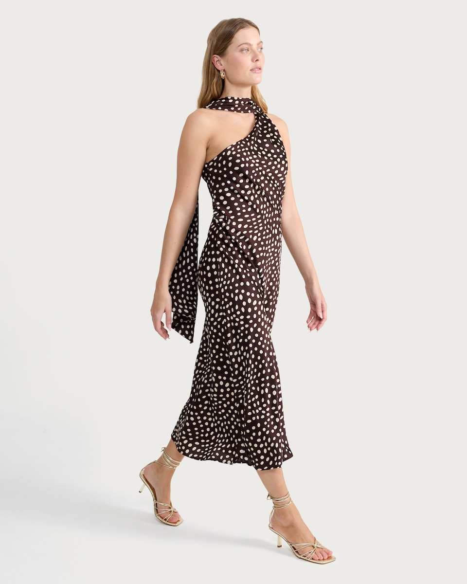 image 1 of F&F Polka Dot One-Shoulder Dress in Chocolate