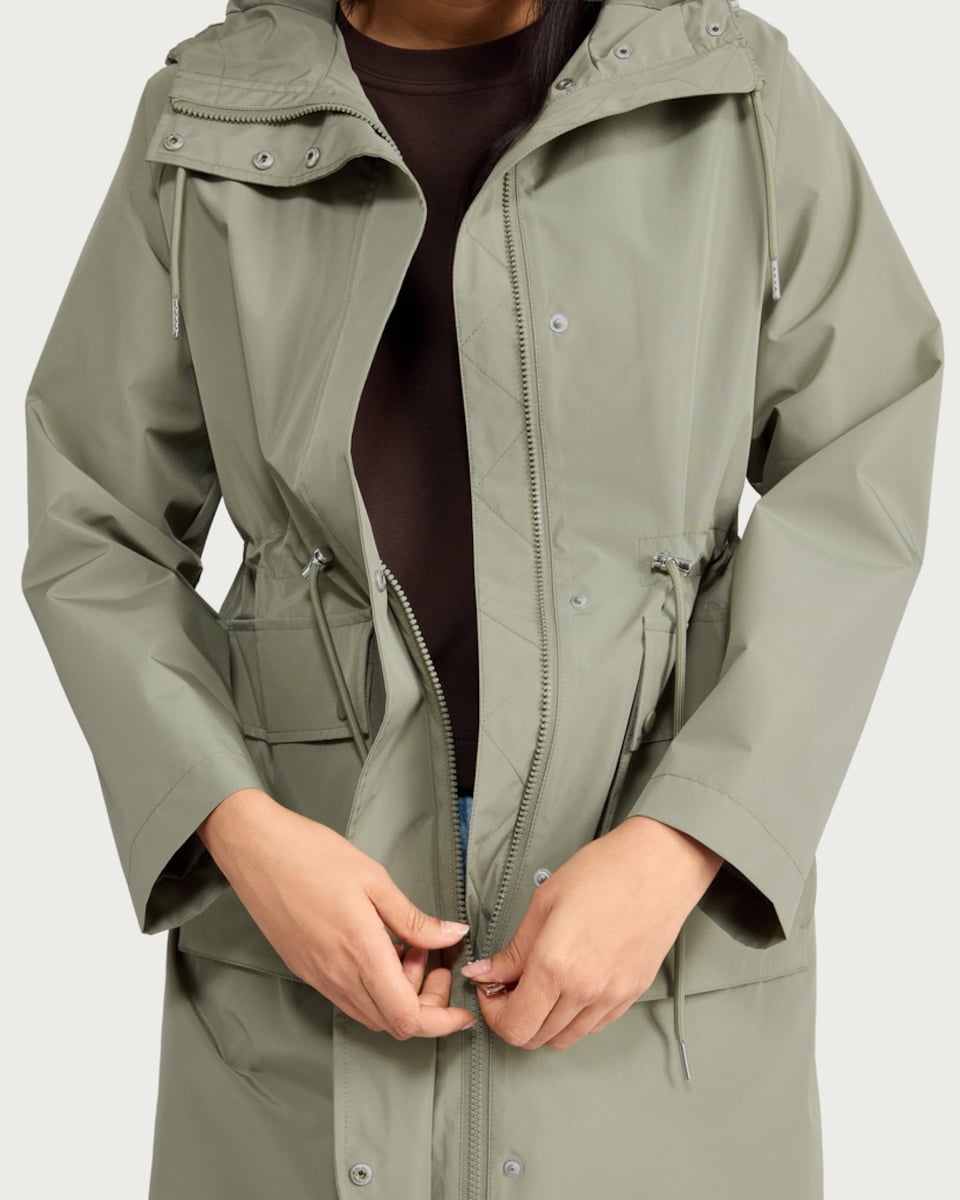 image 1 of F&F Shower Resistant Drawstring Waist Hooded Raincoat in Khaki