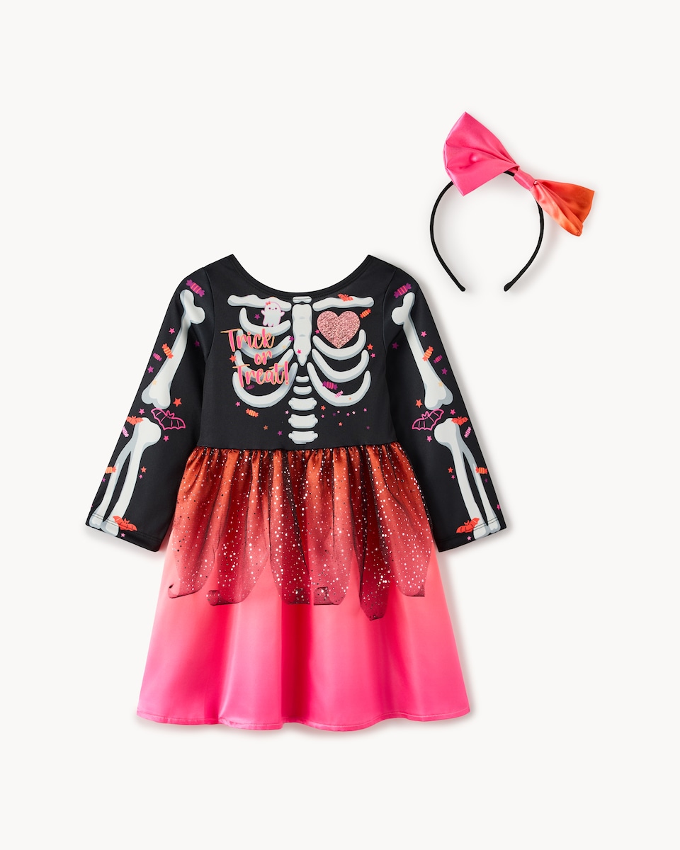 image 1 of F&F Girls 2-Piece Trick or Treat Skeleton Fancy Dress Costume in Black
