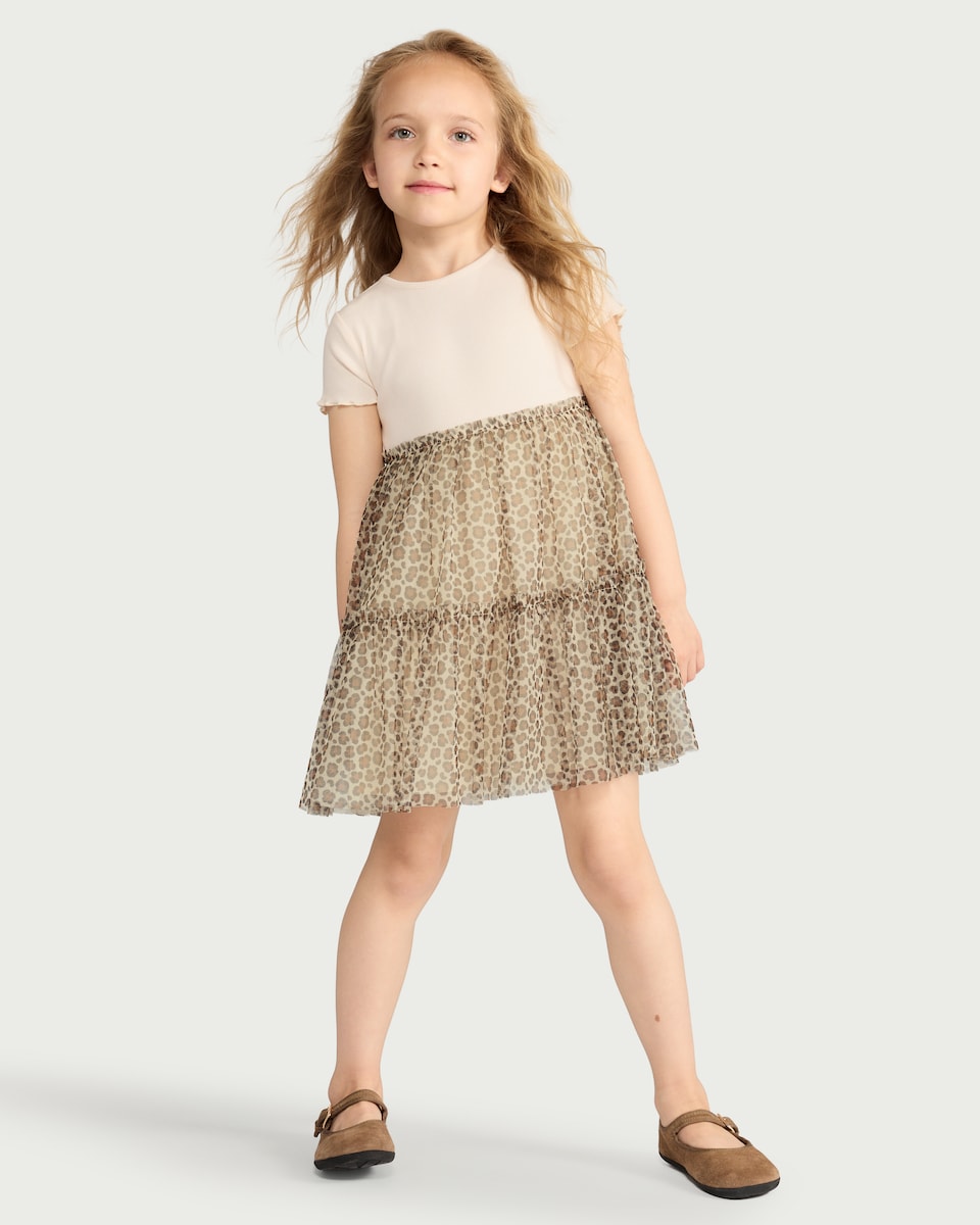 image 1 of F&F Girls Leopard Print Tiered Dress in Multi Brown