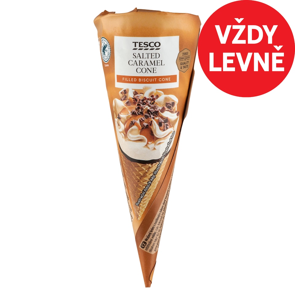 Tesco Mražený krém slaný karamel v oplatkovém kornoutu 120ml