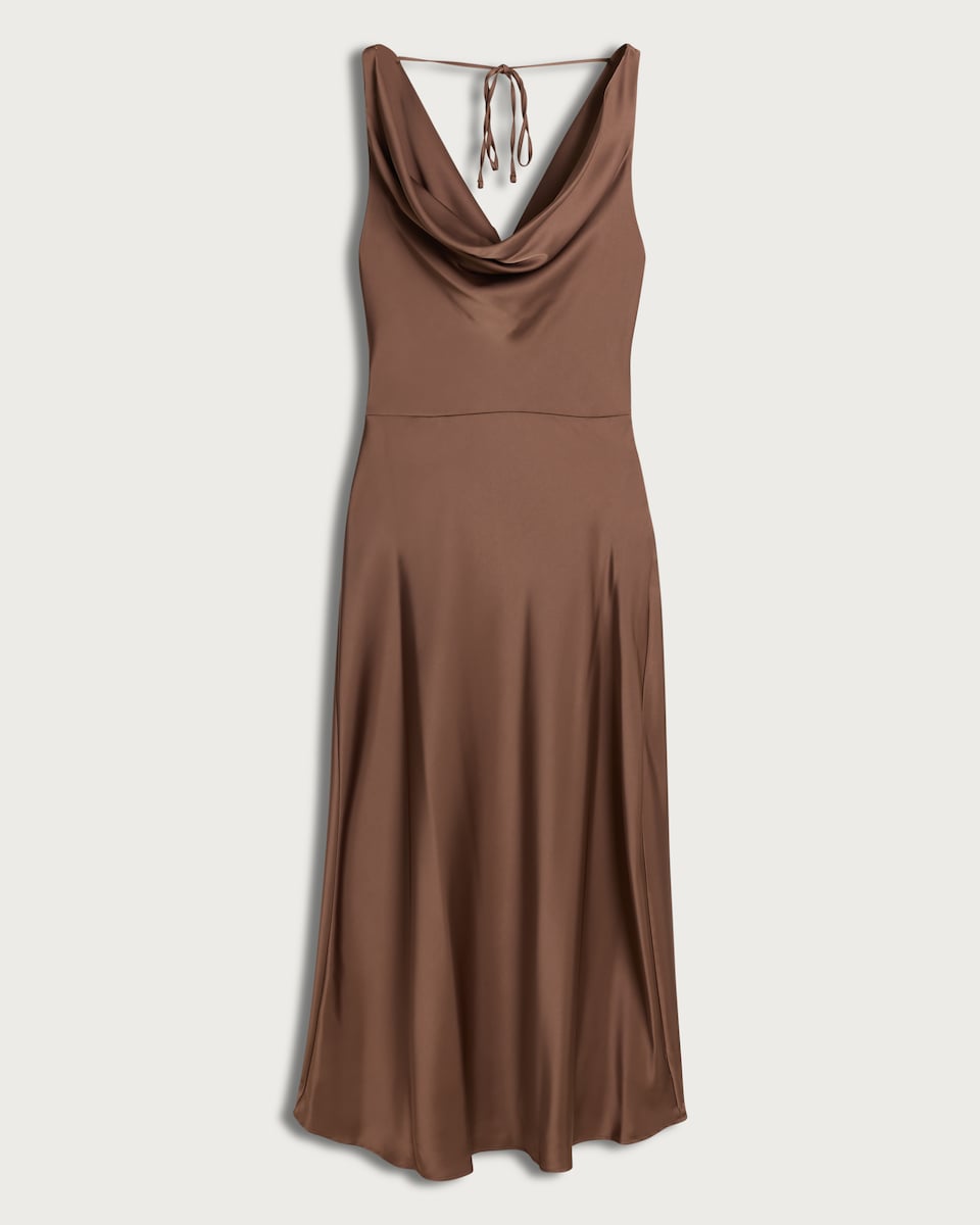 F&F Satin Cowl Neck Tie Back Midi Dress in Brown