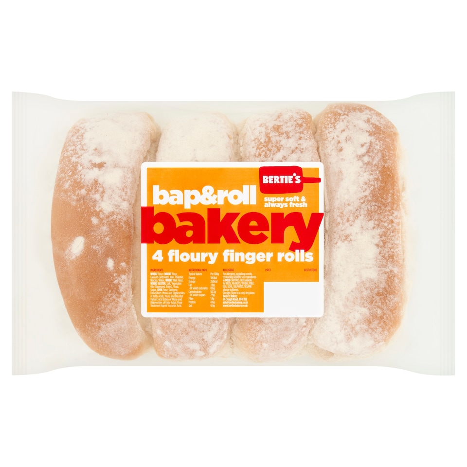  Bertie's Bakery Floury Finger Rolls 4pk