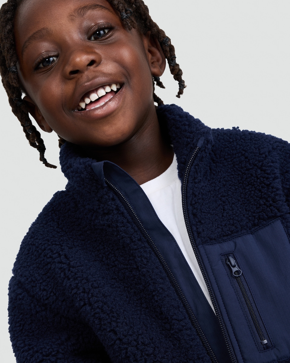 image 1 of F&F Boys Fleece Pocket Front Zip Up Jacket in Navy