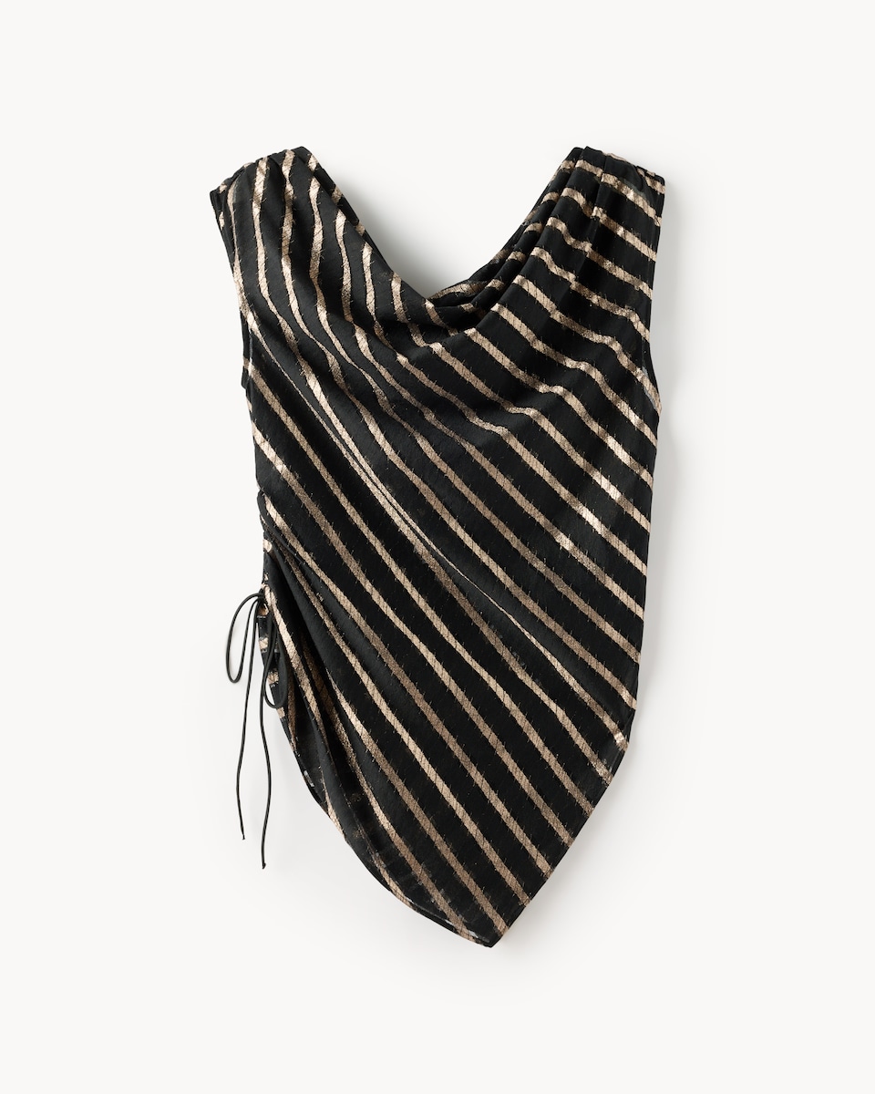 image 1 of F&F Satin Sparkly Striped Draped Top in Chocolate