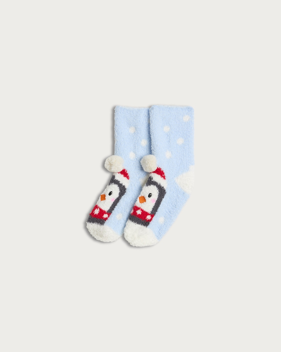 F&F Girls Fluffy Penguin Cosy Socks in Blue Multi